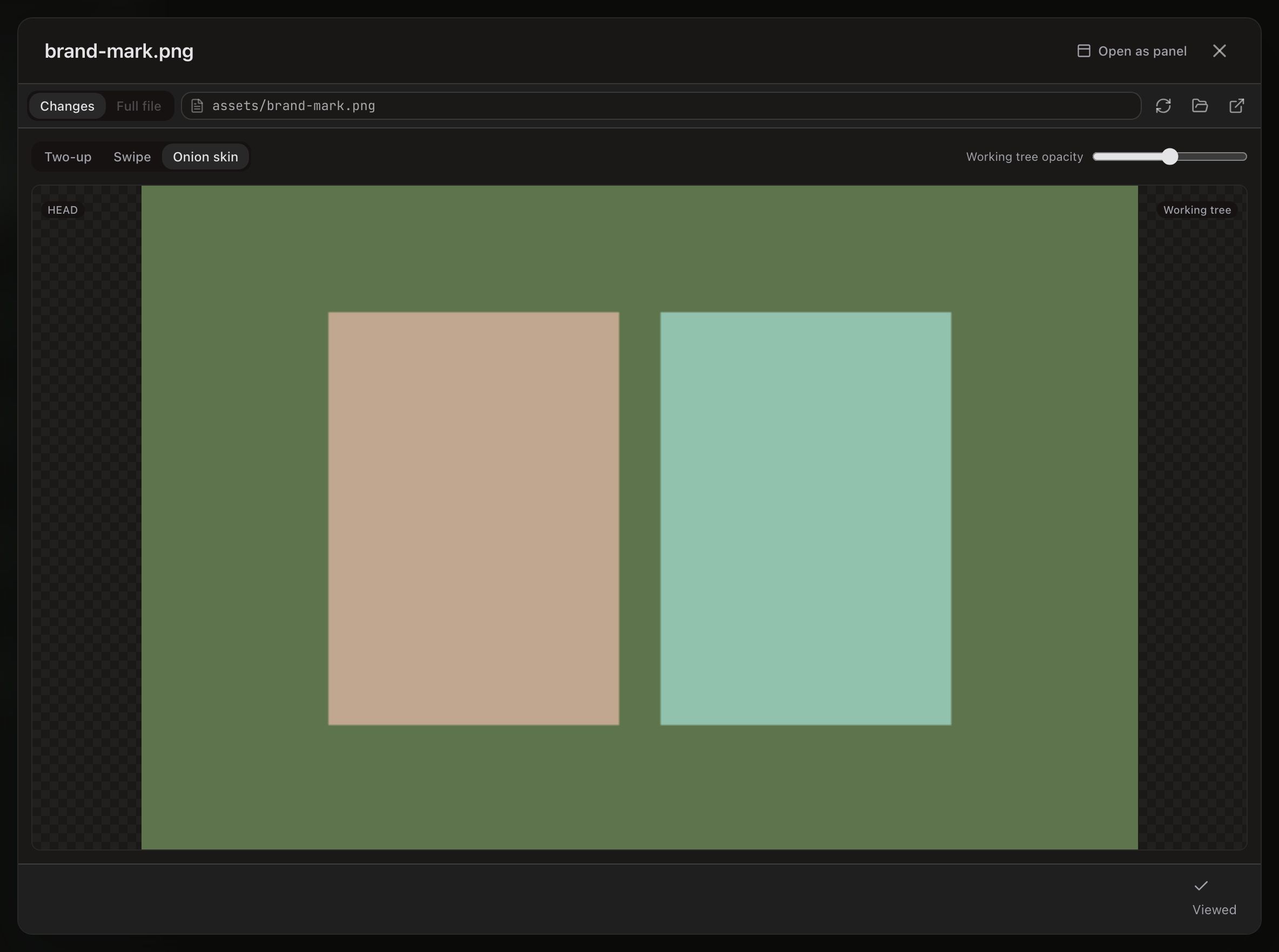 The diff workspace on a changed image, brand-mark.png. The toolbar has Changes selected with Full file dimmed and the path field reading assets/brand-mark.png. Below it a Two-up / Swipe / Onion skin segmented control with Onion skin selected, and a Working tree opacity slider set to about half. The canvas shows the two versions blended over a transparency checkerboard: an olive green field labeled HEAD at the top left and Working tree at the top right, with a translucent tan block on the left and a translucent pale green block on the right, at separate positions in the blend. A Viewed check sits in the footer.