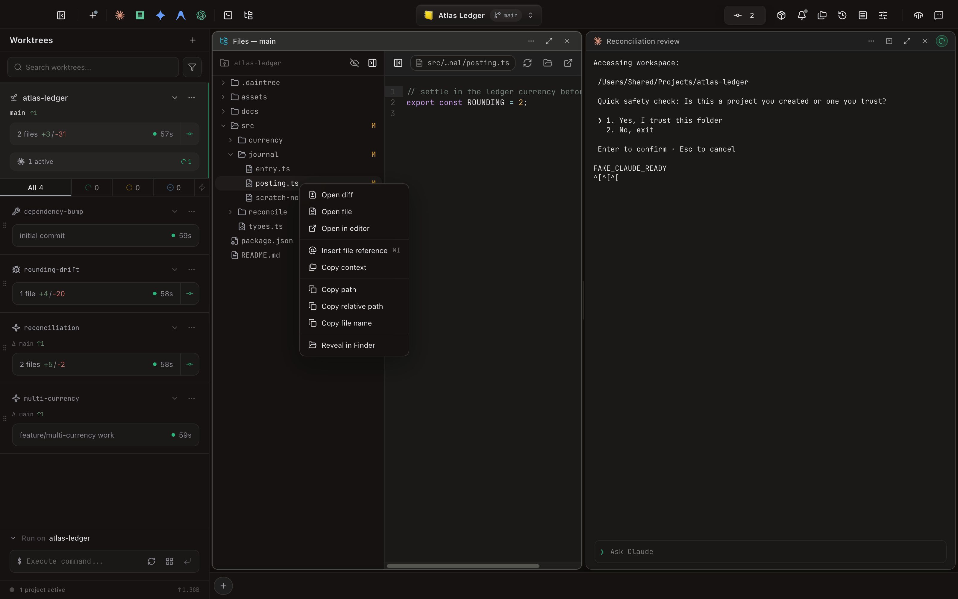 The whole Daintree window. The worktree sidebar on the left lists atlas-ledger on main with four worktrees under it — dependency-bump, rounding-drift, reconciliation and multi-currency — over the QuickRun bar. A File Browser panel titled Files — main fills the middle column, with src/journal/posting.ts selected and marked M and its row menu open over the viewer. An agent terminal titled Reconciliation review sits to its right. The menu reads: Open diff, Open file, Open in editor, then Insert file reference with ⌘I in its shortcut column, Copy context, then Copy path, Copy relative path, Copy file name, then Reveal in Finder.