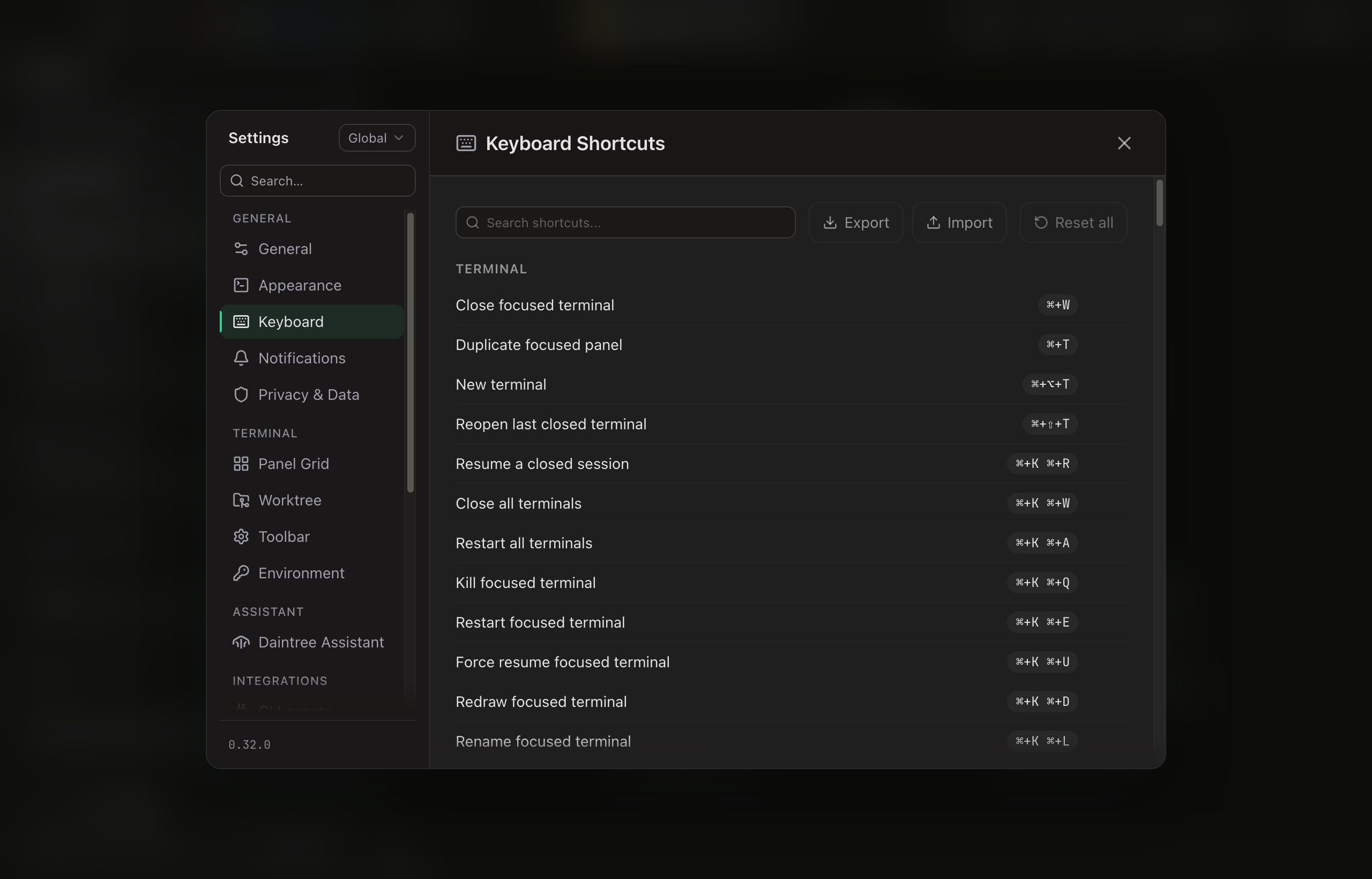 The Keyboard tab in Settings. A Search shortcuts field sits beside Export, Import and Reset all. Below it the Terminal group lists its actions with their combos as pills on the right: Close focused terminal at Cmd+W, New terminal at Cmd+Alt+T, and a run of Cmd+K chords: Resume a closed session at Cmd+K Cmd+R, Close all terminals at Cmd+K Cmd+W, Restart all terminals at Cmd+K Cmd+A, and so on down to Rename focused terminal.