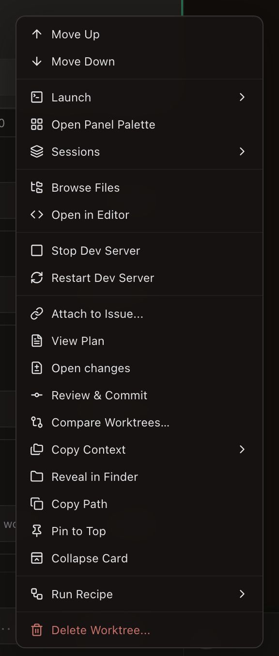 A sidebar worktree card with its right-click context menu open, showing the Launch and Sessions submenus, Review and Commit, Copy Context, and the red Delete Worktree item at the bottom