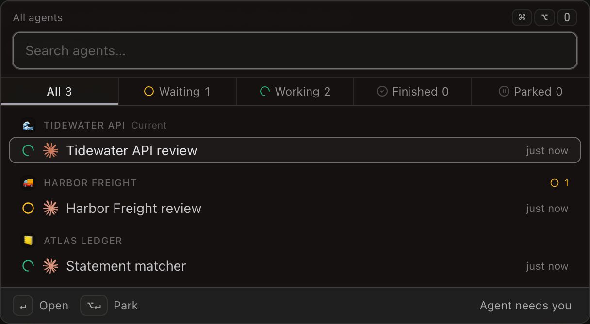 The All agents palette. Below a ‘Search agents…’ field, a filter row reads All 3, Waiting 1, Working 2, Finished 0, Parked 0, with All selected. Three workspace groups follow, each holding one run aged ‘just now’: Tidewater API, marked Current, with a green working run called Tidewater API review; Harbor Freight, its header carrying an amber chip reading 1, with an amber waiting run called Harbor Freight review; and Atlas Ledger, with a green working run called Statement matcher. The footer shows the Open and Park key hints on the left and ‘Agent needs you’ on the right.