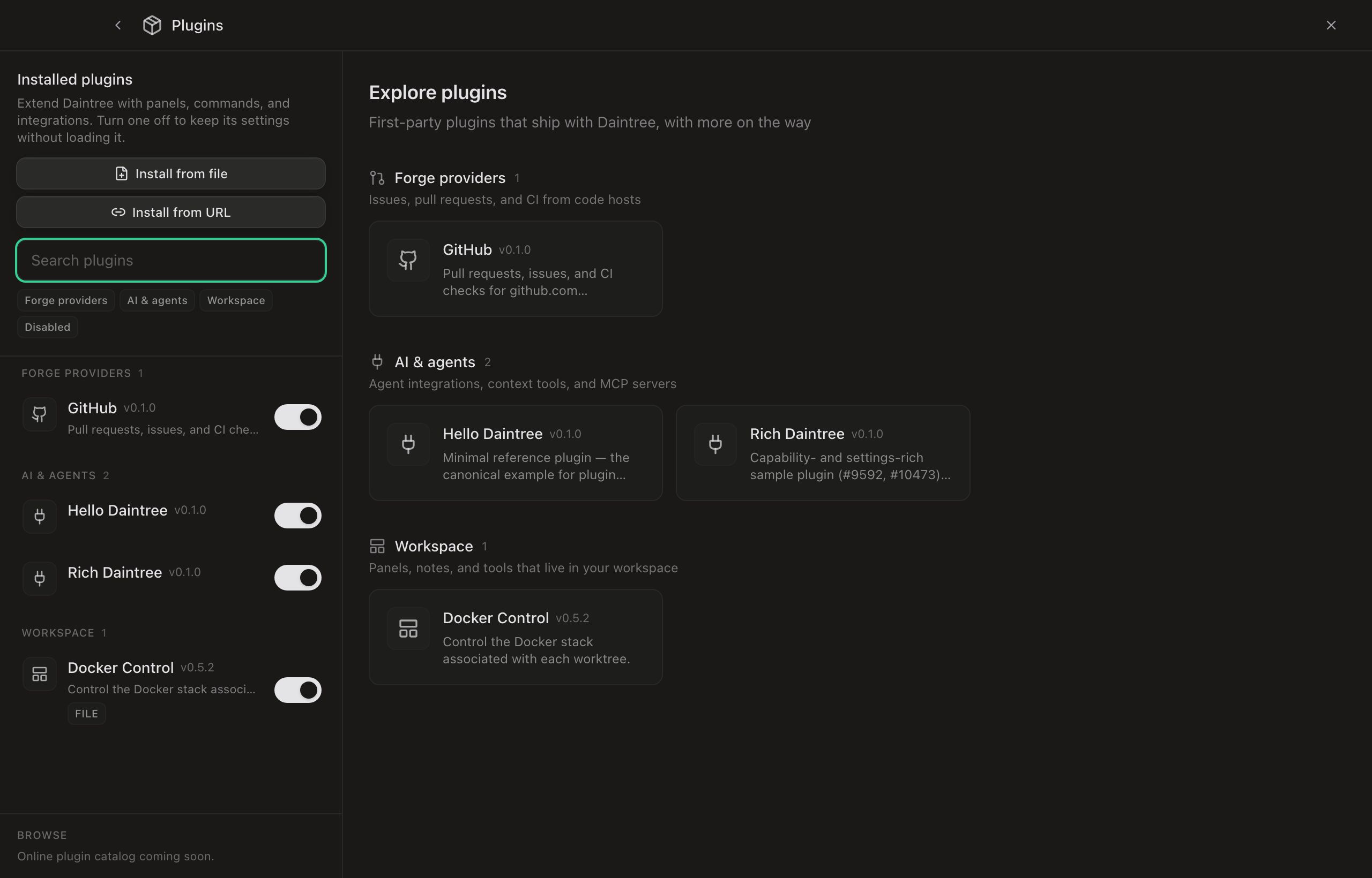 The full-screen Plugin Manager. The left column holds Install from file and Install from URL buttons, a Search plugins field, filter chips for Forge providers, AI and agents, Workspace and Disabled, then the installed list grouped by category: GitHub v0.1.0 under Forge providers and Docker Control v0.5.2 under Workspace, each with an enable toggle. With nothing selected, the right pane shows Explore plugins, the same two categories as cards.