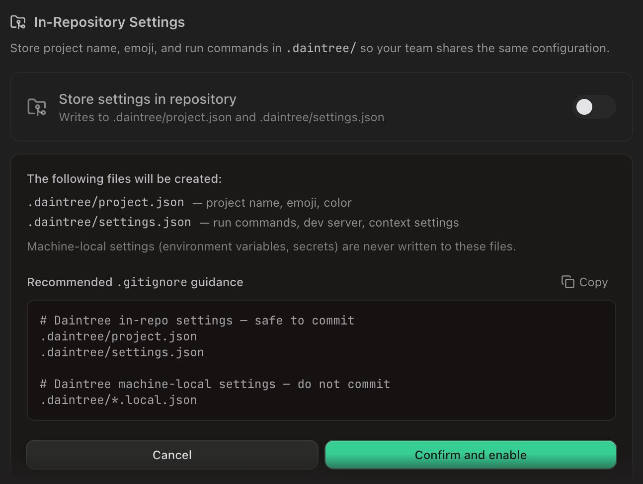 The In-Repository Settings section of Project Settings, headed by the line about storing project name, emoji and run commands in .daintree/. Below it the Store settings in repository row, subtitled "Writes to .daintree/project.json and .daintree/settings.json", with its switch off, and beneath that the open confirmation panel: the two files it will create, .daintree/project.json for project name, emoji and color and .daintree/settings.json for run commands, dev server and context settings; a note that machine-local settings such as environment variables and secrets are never written to them; a Recommended .gitignore guidance block with a Copy button, listing the two safe-to-commit paths and .daintree/*.local.json under "do not commit"; and Cancel beside a green Confirm and enable button.