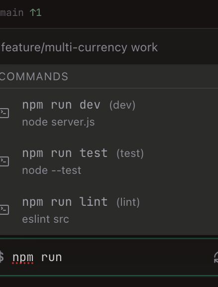 The bottom of the sidebar, cropped. The suggestion list sits above the input under a COMMANDS heading, holding three detected npm scripts, each with a terminal icon: npm run dev over node server.js, npm run test over node --test, and npm run lint over eslint src, with the script name in parentheses after each command. Below the list the input has a green rim and holds the typed text npm run after its dollar prompt. Above the list, the tail of the worktree the bar runs on shows through: its branch and last-commit metadata.