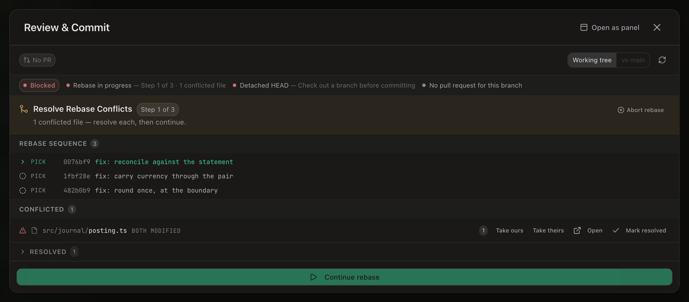 The Review & Commit dialog mid-rebase. A red Blocked chip heads the readiness row: “Rebase in progress — Step 1 of 3 · 1 conflicted file”, “Detached HEAD — Check out a branch before committing” and “No pull request for this branch”. Under it an amber Resolve Rebase Conflicts band carries a Step 1 of 3 badge, the line “1 conflicted file — resolve each, then continue”, and an Abort rebase button. Rebase sequence lists three PICK commits: fafab76 “fix: reconcile against the statement” in accent green as the current step, then 66b5b90 and 827f6f4 behind dashed circles. Conflicted holds one row, src/journal/posting.ts marked BOTH MODIFIED with a region count of 1 and Take ours, Take theirs, Open and Mark resolved actions, above a collapsed Resolved (1) disclosure and a dimmed Continue rebase button.