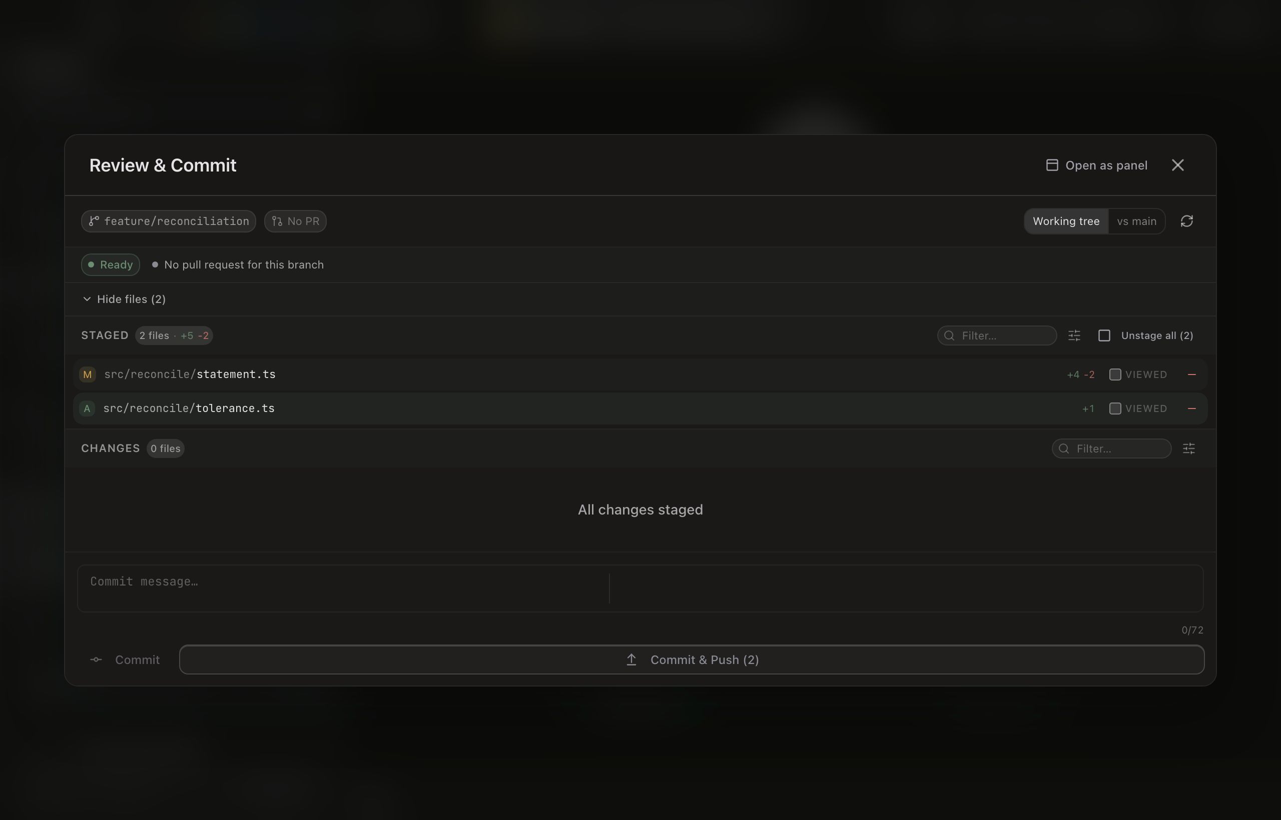 Review Hub in working-tree mode with a staged section above an unstaged Changes section, status badges and churn counts on each row, and the commit composer with Commit and Commit and Push buttons at the bottom