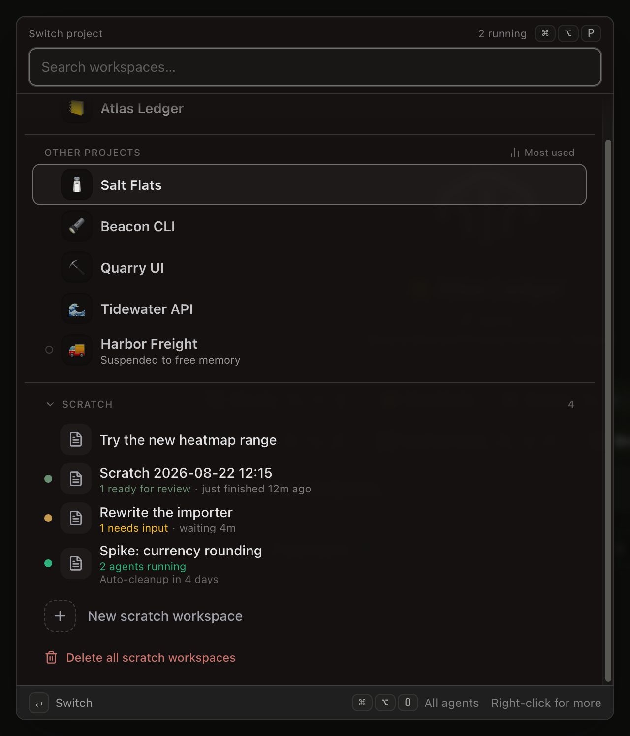 The Scratch section at the foot of the project switcher, expanded with a count of 4 in its header. Four rows, each a document glyph and a name: ‘Try the new heatmap range’ with no status; ‘Scratch 2026-08-22 09:22’ with a green dot and ‘1 ready for review · just finished 12m ago’; ‘Rewrite the importer’ with an amber dot and ‘1 needs input · waiting 4m’; and ‘Spike: currency rounding’ with a green dot, ‘2 agents running’ and, under it, ‘Auto-cleanup in 4 days’. A dashed New scratch workspace button closes the section, and the ordinary project rows sit above it.