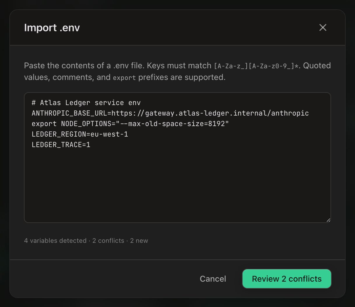 The Import .env dialog on its paste step: a textarea holding a comment line, an export-prefixed line and three plain assignments, the summary 4 variables detected · 2 conflicts · 2 new below it, and Cancel beside a Review 2 conflicts button
