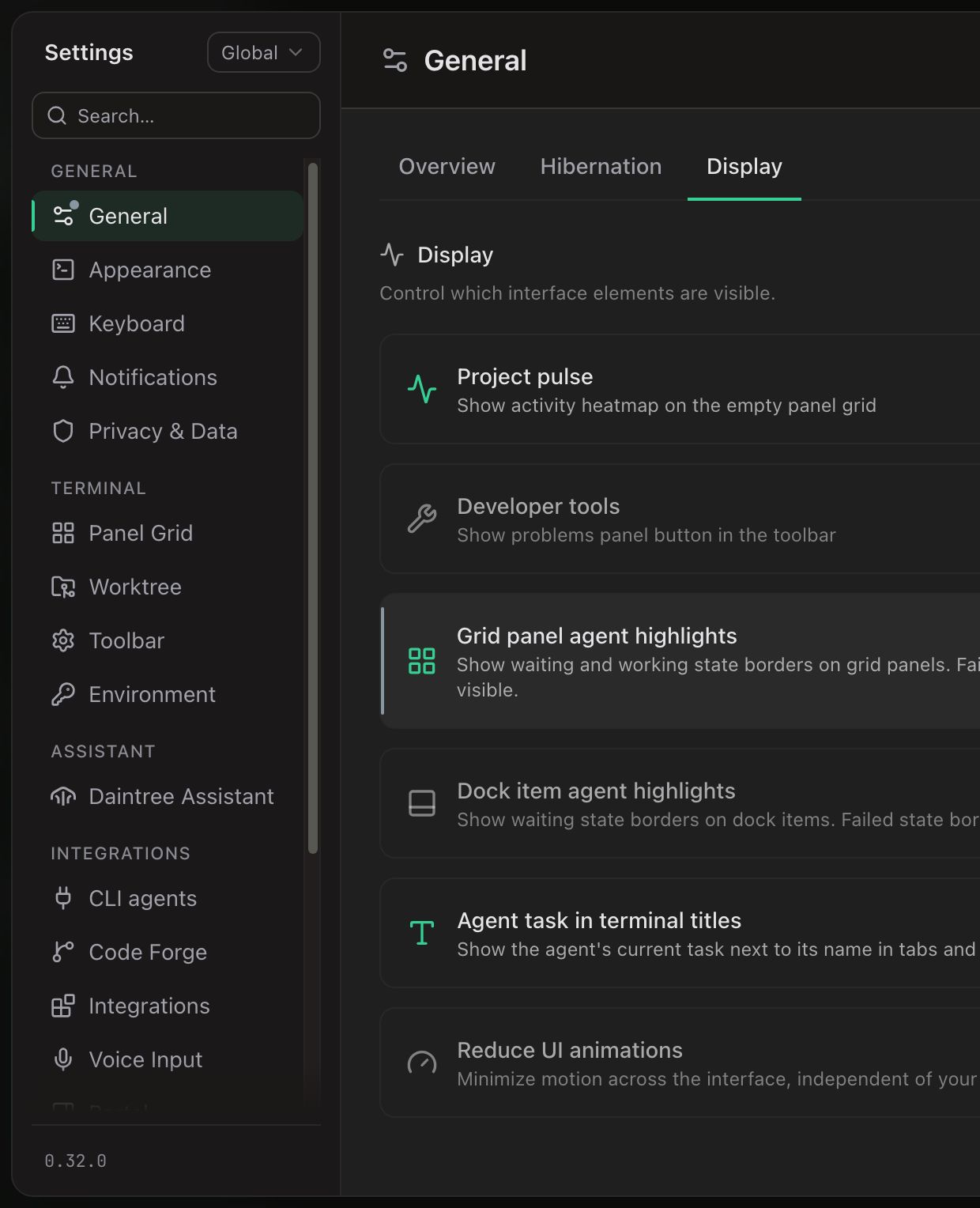 The Settings sidebar in Global scope, with a small slate-blue dot on the General tab's icon marking it as modified. The panel on the right is General › Display, listing the Project pulse, Developer tools, Grid panel agent highlights, Dock item agent highlights, Agent task in terminal titles and Reduce UI animations toggles.