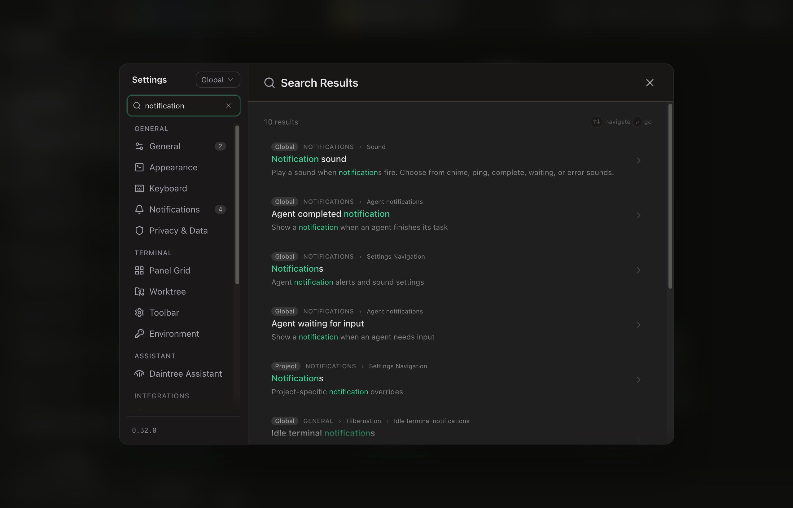Settings search results for 'notification': ten results, with match count badges on the General and Notifications sidebar tabs and result cards each carrying a Global or Project scope chip.