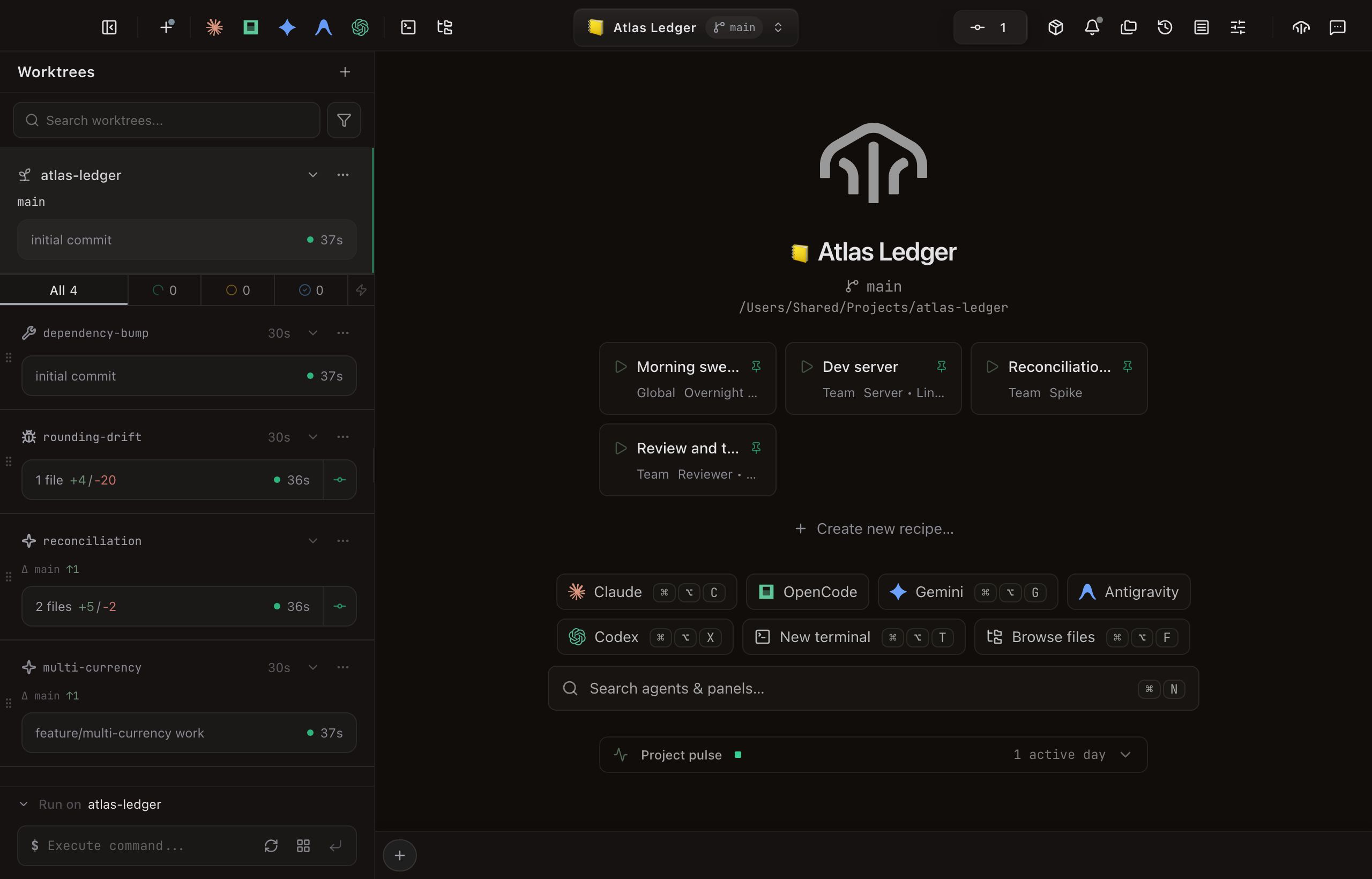 A project open with no panels in the grid. The center column shows the Daintree mark above the project name, its branch and path, then a row of agent quick-action chips (Claude, OpenCode, Gemini, Antigravity, Codex) beside New terminal and Browse files, each with its keyboard shortcut. Below them a wide Search agents and panels button, then the Project pulse strip. The worktree sidebar is open on the left.