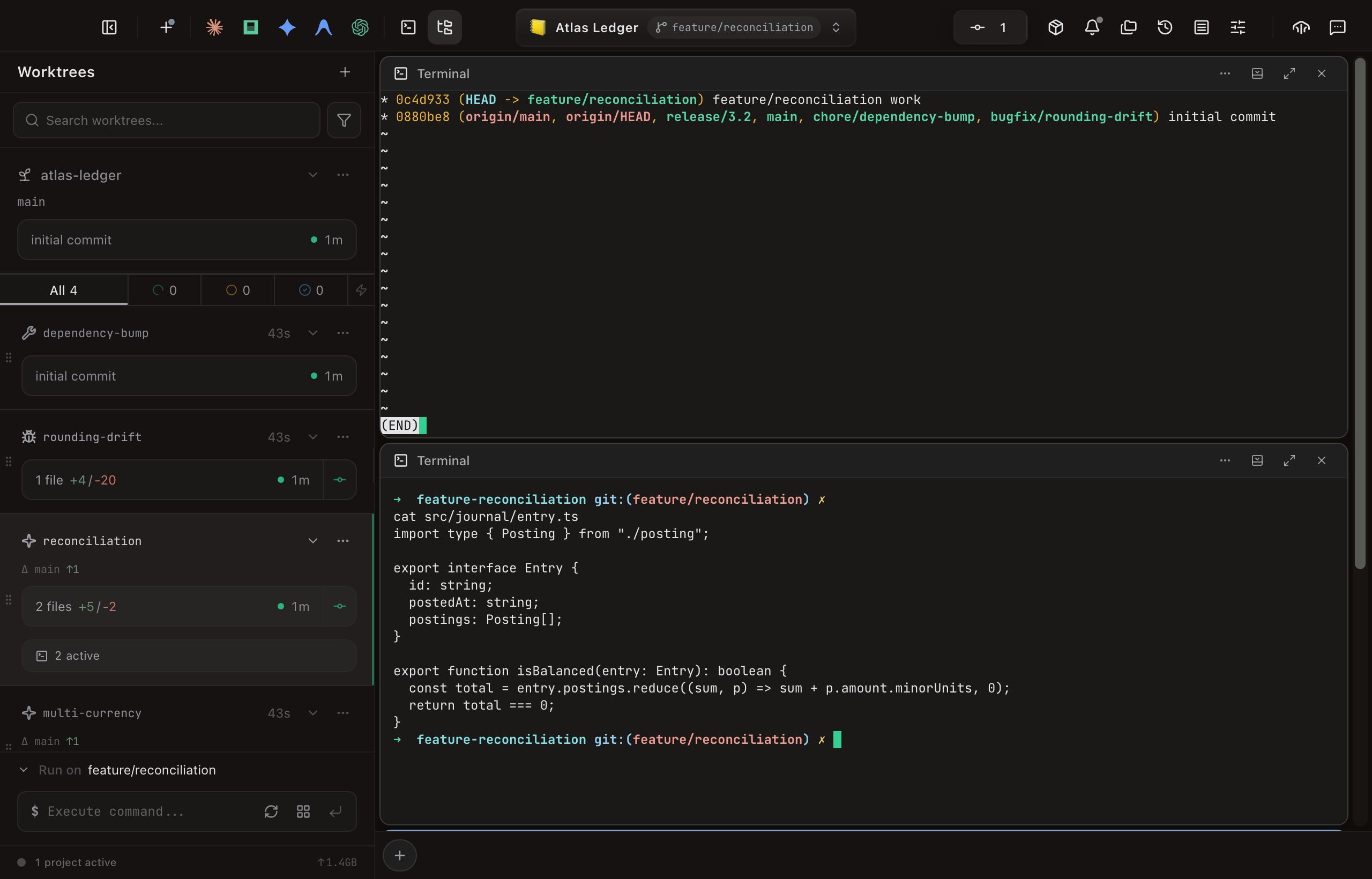 The panel grid with two terminal panels stacked in the same column. The upper one shows a colored git log graph naming the branches at each commit; the lower one shows the source of src/journal/entry.ts printed to the terminal. Each panel header carries its kind icon, its title, and its overflow, dock, maximize and close controls. The worktree sidebar is open on the left and the dock bar runs along the bottom.