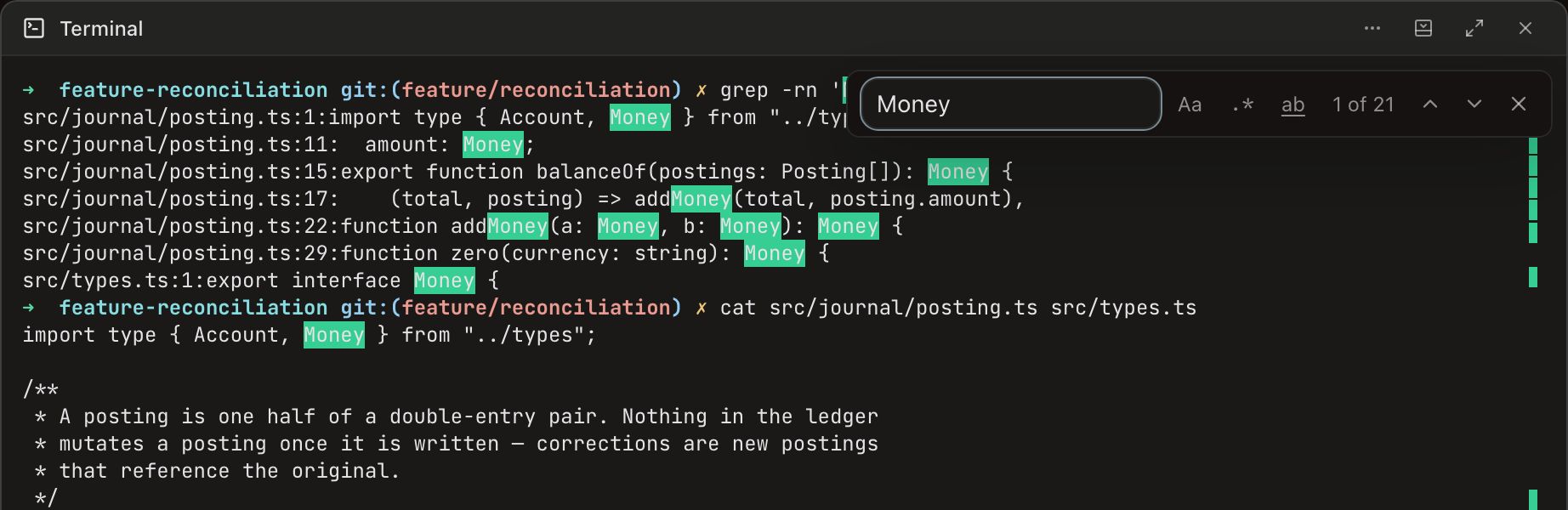 The top of a terminal panel with the search bar open. The field holds Money, followed by the case, regex and whole-word toggles with whole-word active, a counter reading 1 of 21, previous and next arrows, and a close button. Every occurrence of Money in the scrollback below is highlighted, and the overview ruler down the right edge carries a tick for each match.