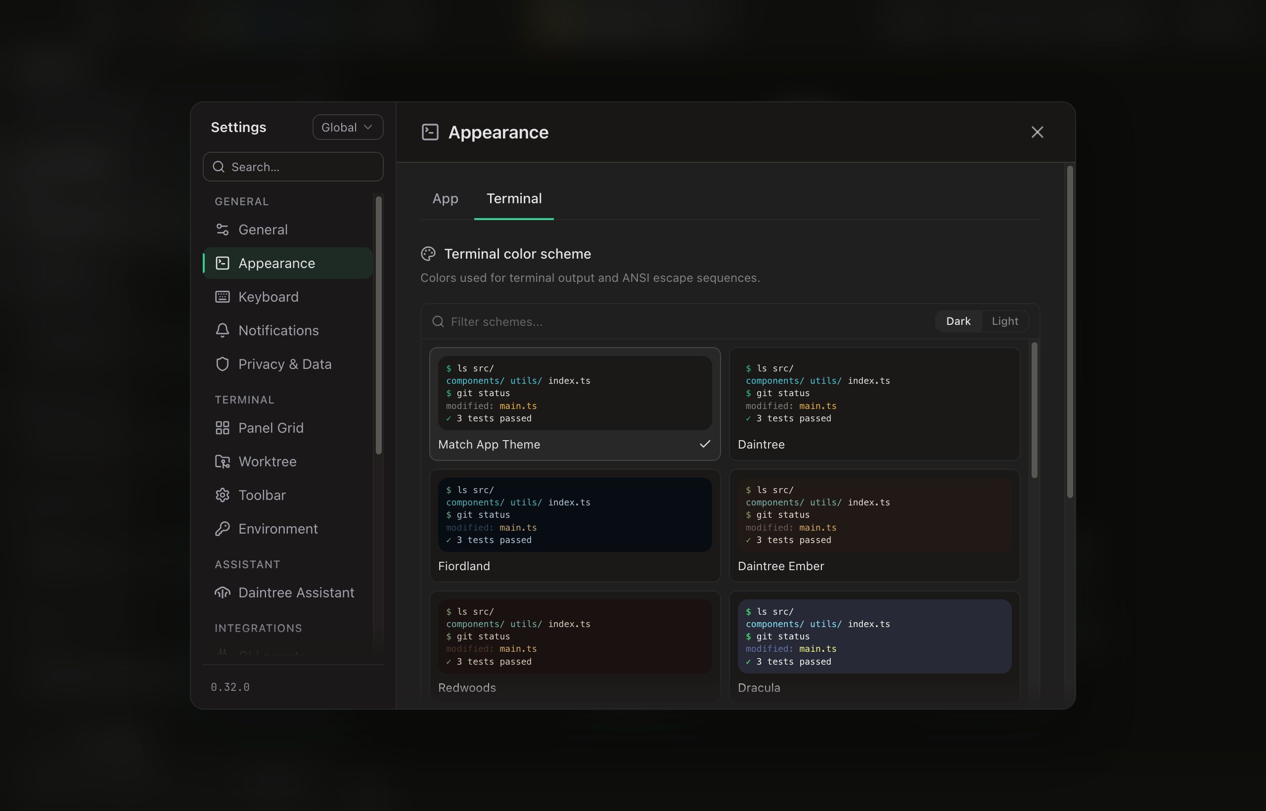 Settings on the Appearance tab with the Terminal subtab selected. Under the Terminal color scheme heading a Filter schemes field sits beside a Dark / Light toggle set to Dark. Below, a two-column grid of cards (Match App Theme, Daintree, Fiordland, Daintree Ember, Redwoods, Dracula), each rendering the same mini terminal session in that scheme's colors. Match App Theme carries the selected checkmark.