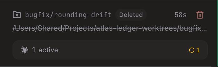 A deleted-worktree card in the sidebar. Its header carries a FolderX icon, the branch name bugfix/rounding-drift, a Deleted pill, a countdown reading 58s and a trash button for closing the surviving terminals now, with the worktree path struck through underneath. Below that, the collapsed terminal bar reads ‘1 active’ with an amber waiting indicator showing 1.