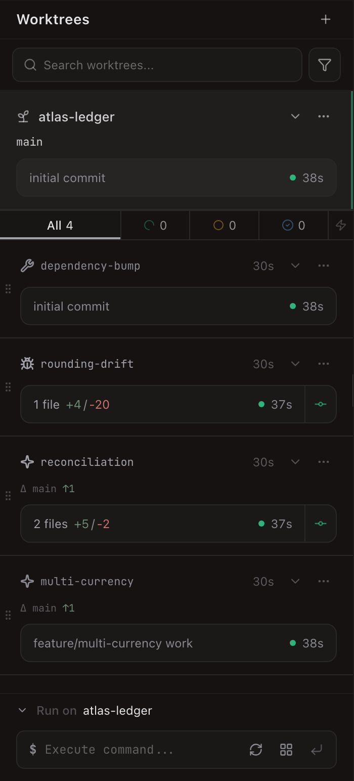 The worktree sidebar for a project with five worktrees. Each card carries a branch-type icon (a wrench for chore, a bug for bugfix, a spark for feature), the branch name with its prefix stripped, and a commit chip with an activity dot and a relative time. Two cards show an uncommitted-work chip reading 1 file +4/-20 and 2 files +5/-2; two show an ahead-of-main marker reading main up-arrow 1. Above the cards sits the All / Working / Waiting / Finished quick state filter.